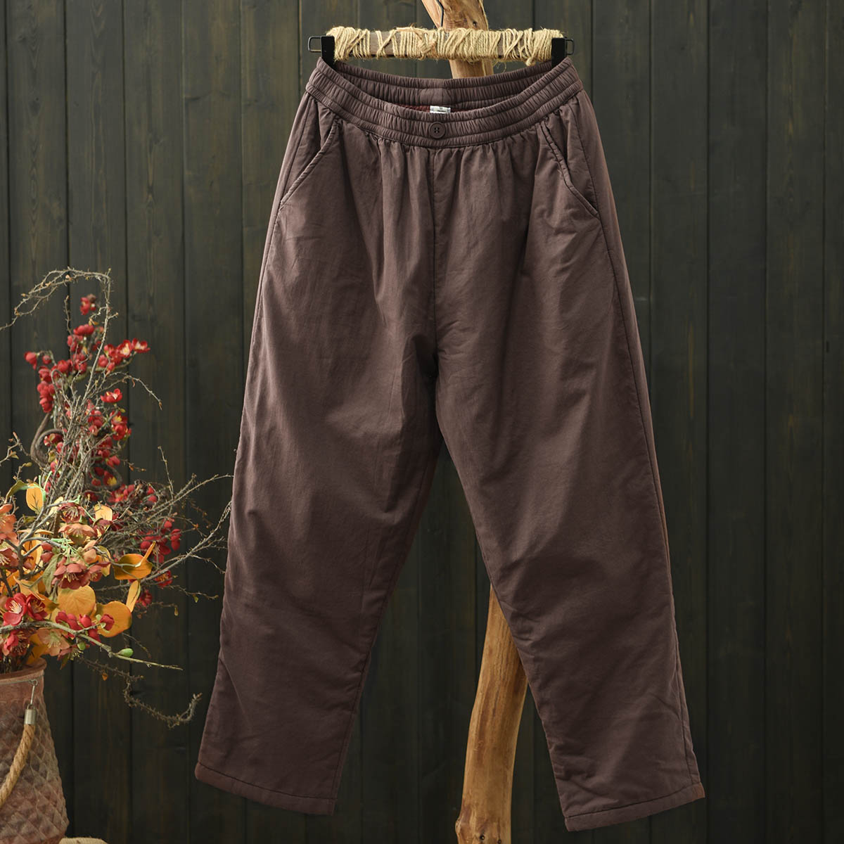 默念纯色松紧腰棉麻夹棉保暖哈伦裤女长裤冬款宽松棉裤外穿休闲裤