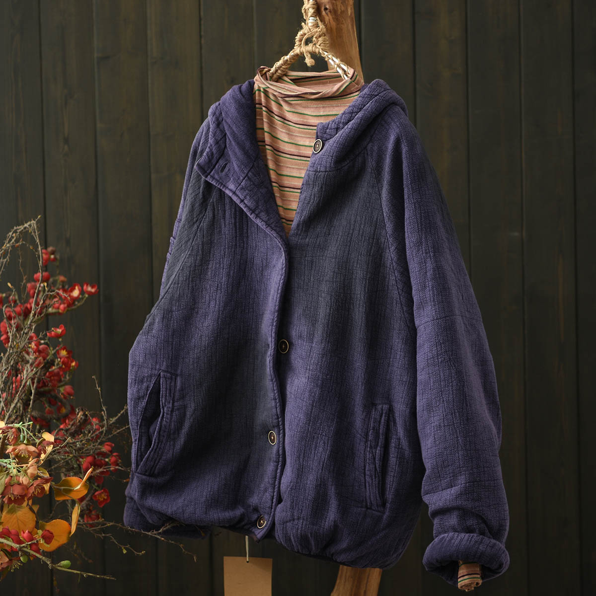 连帽系扣棉麻夹棉短外套宽松棉服