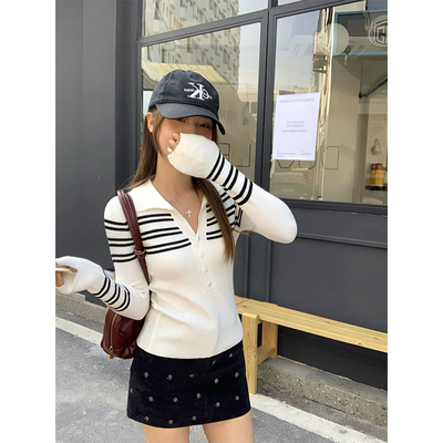 春夏新款撞色条纹polo领高级感长袖针织衫女修身打底上衣