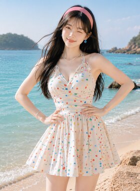 休闲波点连体裙挂脖式防走光泳装