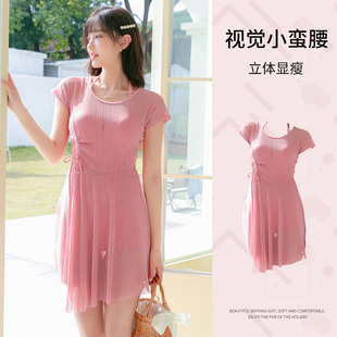 显瘦泳装 泡温泉泳衣女连体纯色裙式 钢托聚拢保守ins风遮肚修身