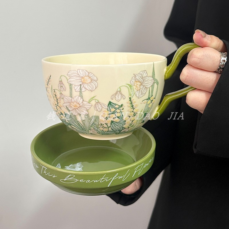 绿色风铃花陶瓷水杯马克杯带盖咖啡杯碟下午茶水杯拿铁杯小众礼物