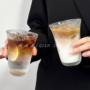 ins风高颜值宽口条纹咖啡杯加厚冰美式拿铁杯家用果汁杯喝水杯子