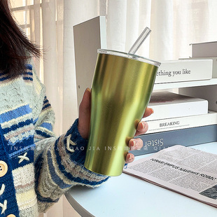 韩式不锈钢高颜值女可乐杯带盖吸管杯啤酒杯ins果汁杯咖啡冷饮杯