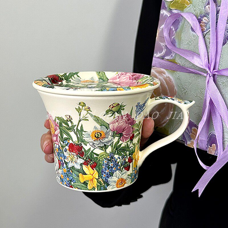 复古风油画般繁花带盖马克杯咖啡杯水杯办公室精致陶瓷杯子女礼物