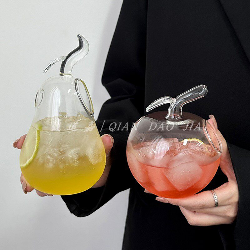 ins风高颜值苹果鸭梨杯创意个性设计感饮料杯吸管玻璃杯冷饮杯子