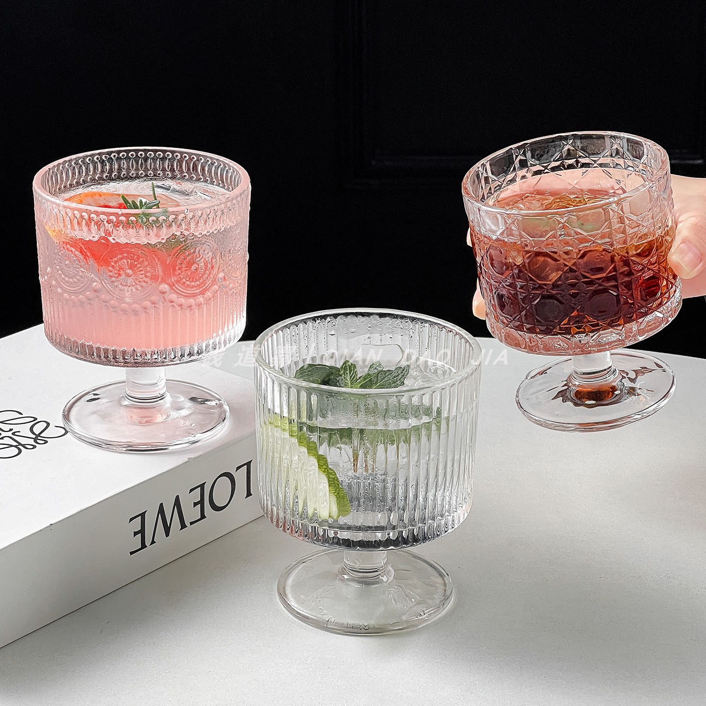 钱道嘉复古高脚杯高颜值浮雕酒杯