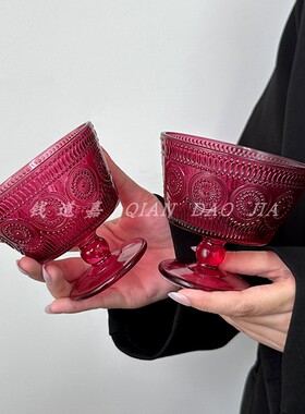 复古浮雕太阳花玻璃碗 ins风家用冰淇淋雪糕碗酸奶燕麦早餐甜品碗