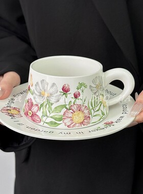 中古风油画小仓兰咖啡杯碟套装轻奢小众手绘拿铁杯原创礼物陶瓷杯