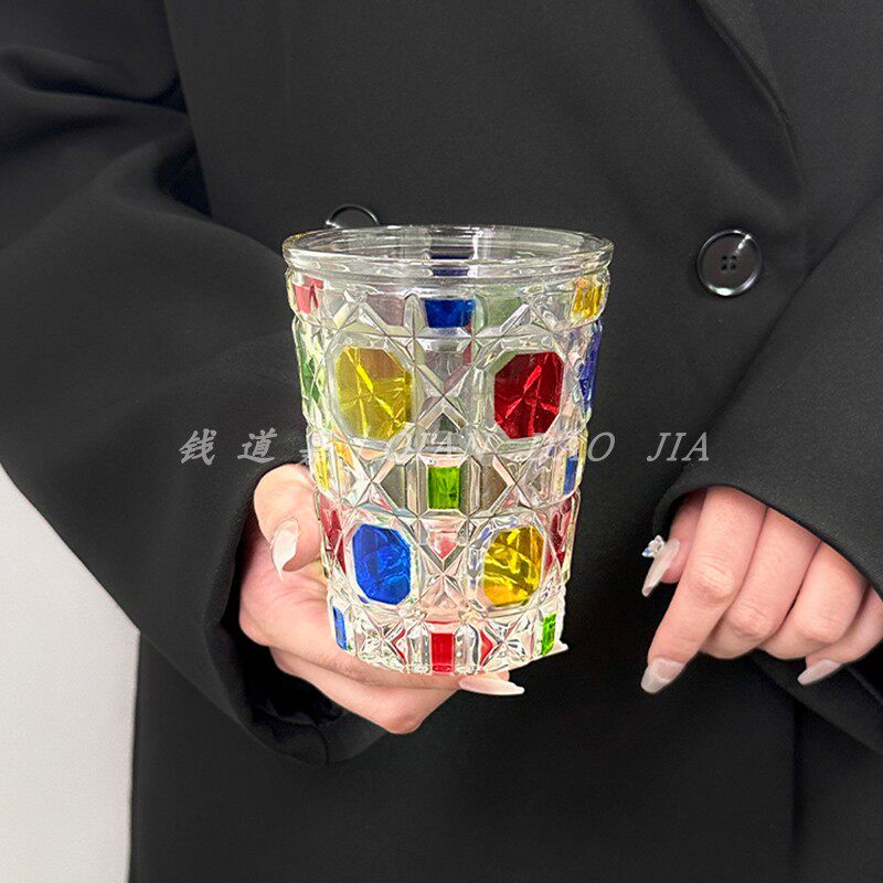 人工彩绘宝石杯小众轻奢彩虹杯玻璃水杯果汁杯ins风高颜值女生杯