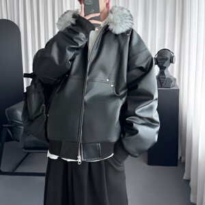 小众设计感可拆卸大毛领连帽PU皮外套休闲短款棉服潮 M9212-P148图片