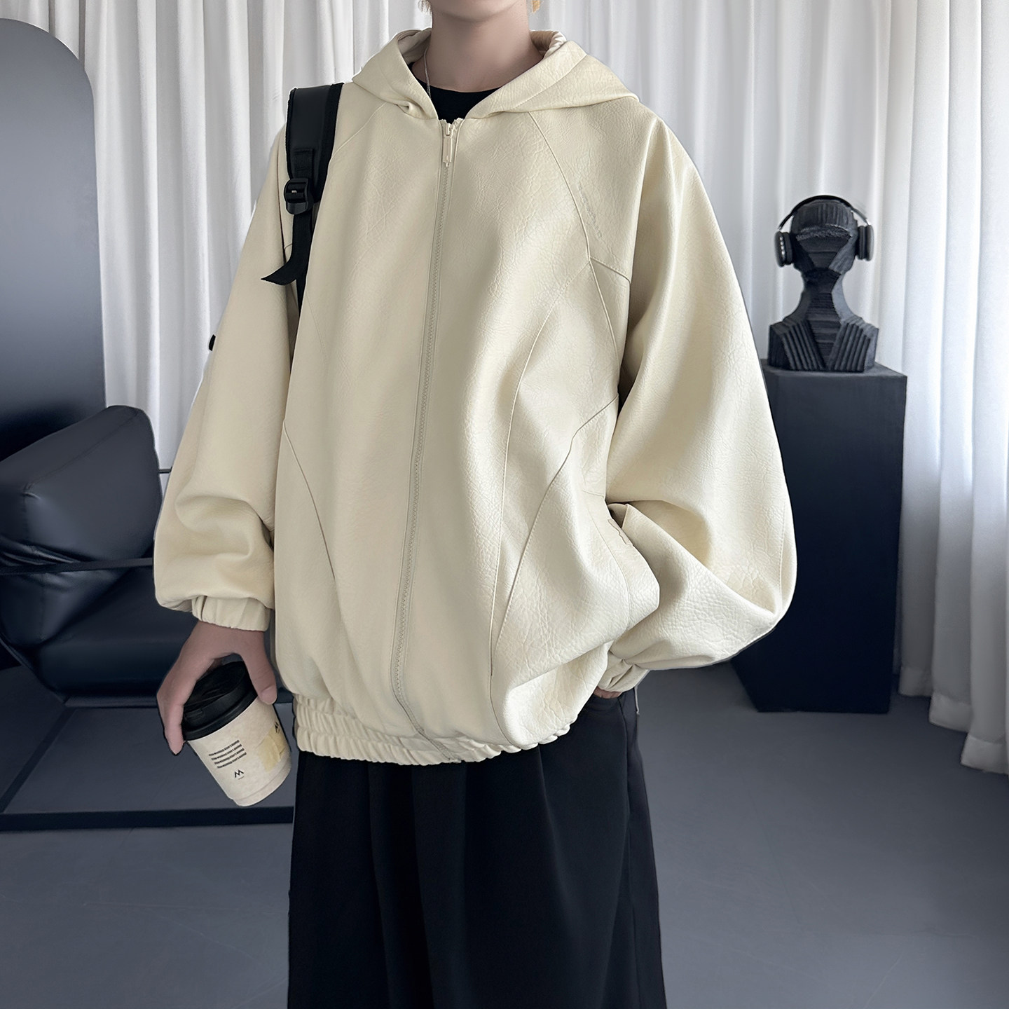复古连帽皮衣外套男款秋季潮牌痞帅休闲皮夹克外套 Q4020-P118图片