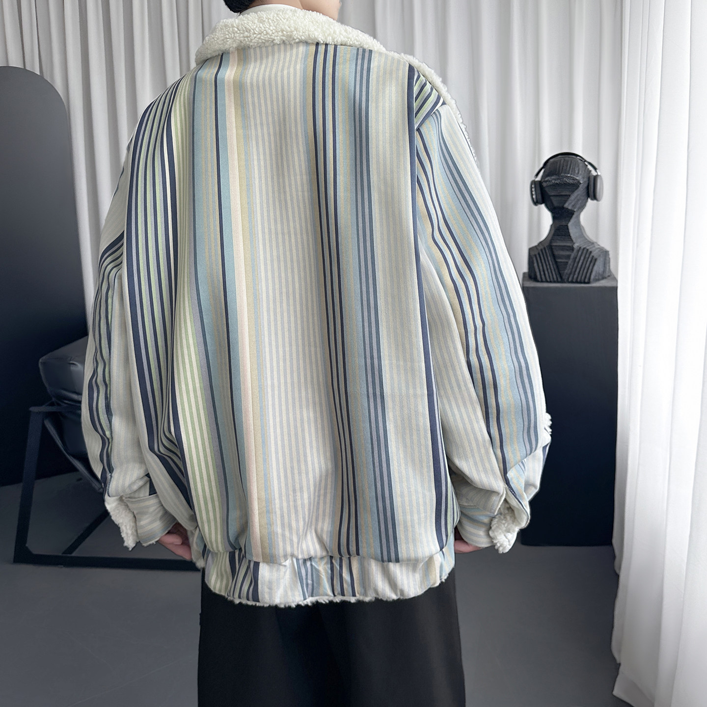 复古条纹羊羔毛棉服外套加厚宽松棒球服夹棉夹克棉衣W2311-P138,男装夹克,星座1017
