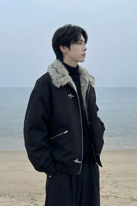 现货毛领复古（仿貂毛领）秋冬季座山雕夹克棉服外套男 Q664-P148图片
