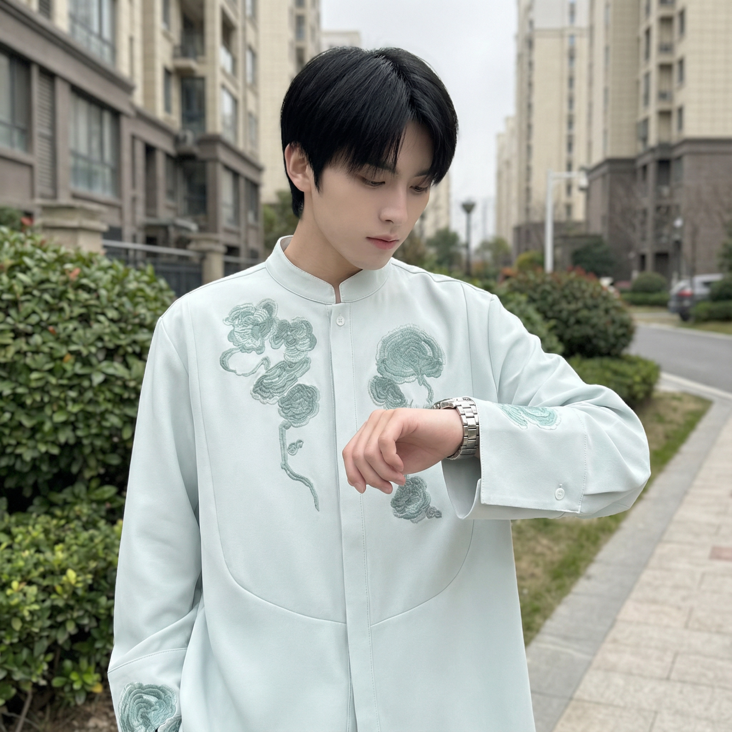 现货春款风灵芝刺绣宽松休闲立领长袖青灰色衬衣SA783-P88，男装衬衫，星座1017