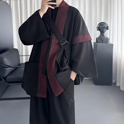 现货夏季中国风蟒纹印花拼接男士风衣道袍汉服 D3206-P78