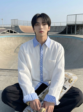 现货 高级感小众设计拼接衬衫男痞帅纯色宽松潮流衬衣 S1858-P68