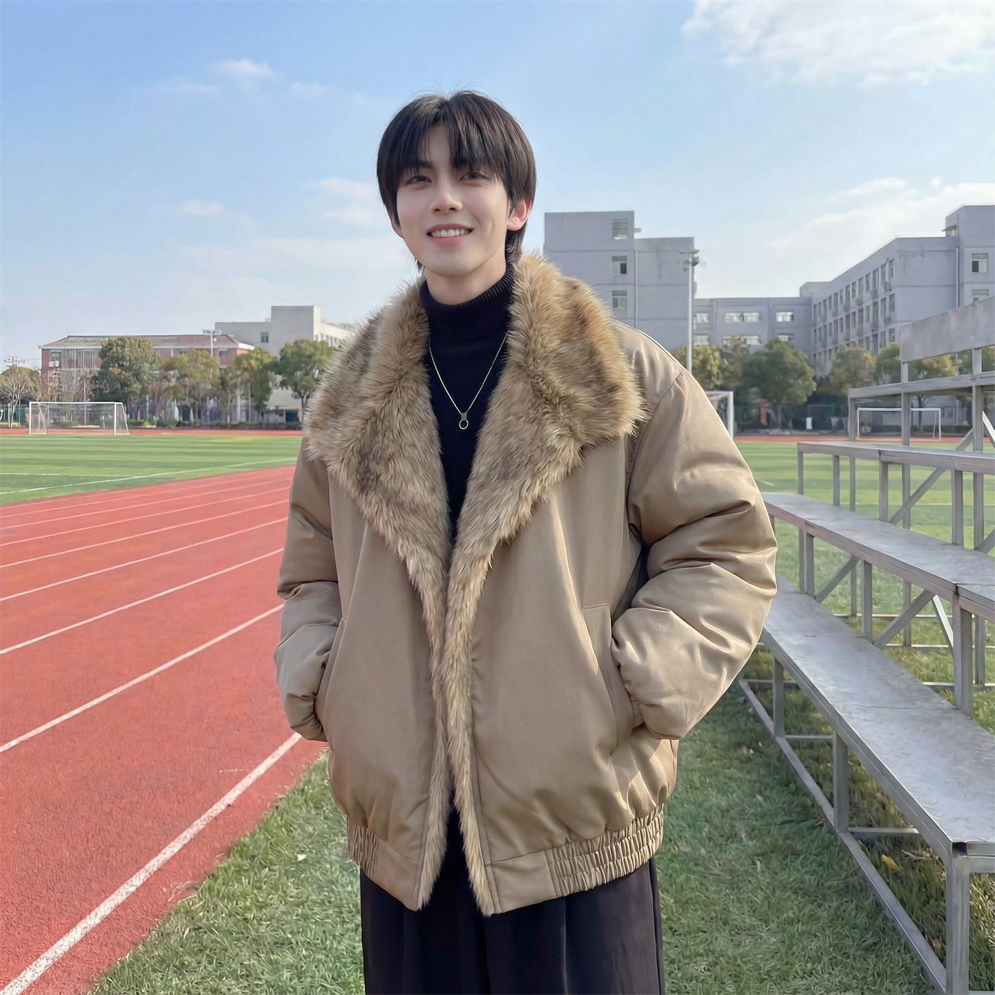 现货冬季大毛领加厚夹棉黑锻拼接棉服外套M1654-P168，男装棉衣，星座1017