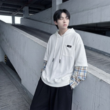 现货春季连帽卫衣男潮牌ins假两件拼接格子慵懒风W8212-P68，男装卫衣，星座1017