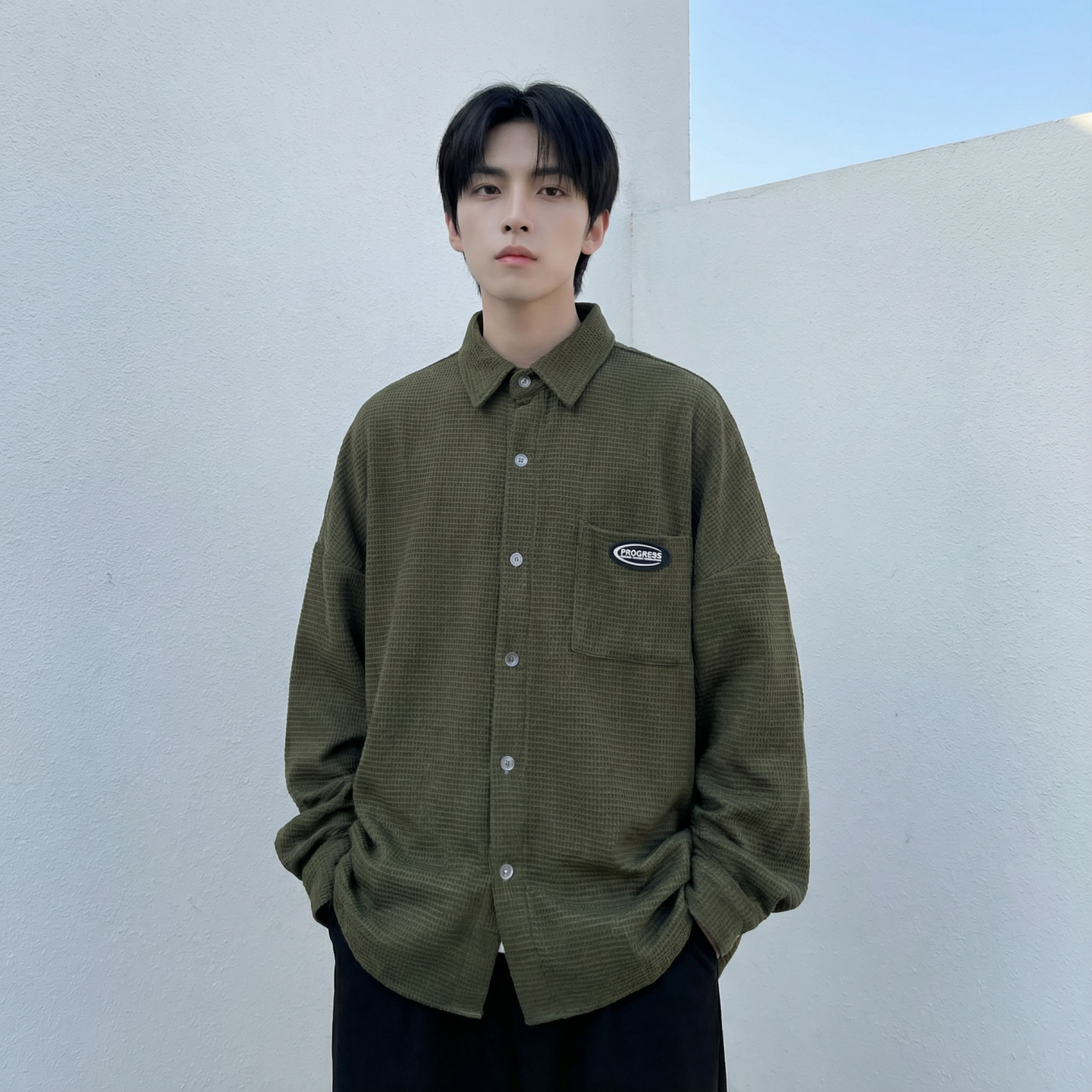 现货华夫格衬衫长袖潮流港风痞帅休闲衬衣CS39-P58，男装衬衫，星座1017