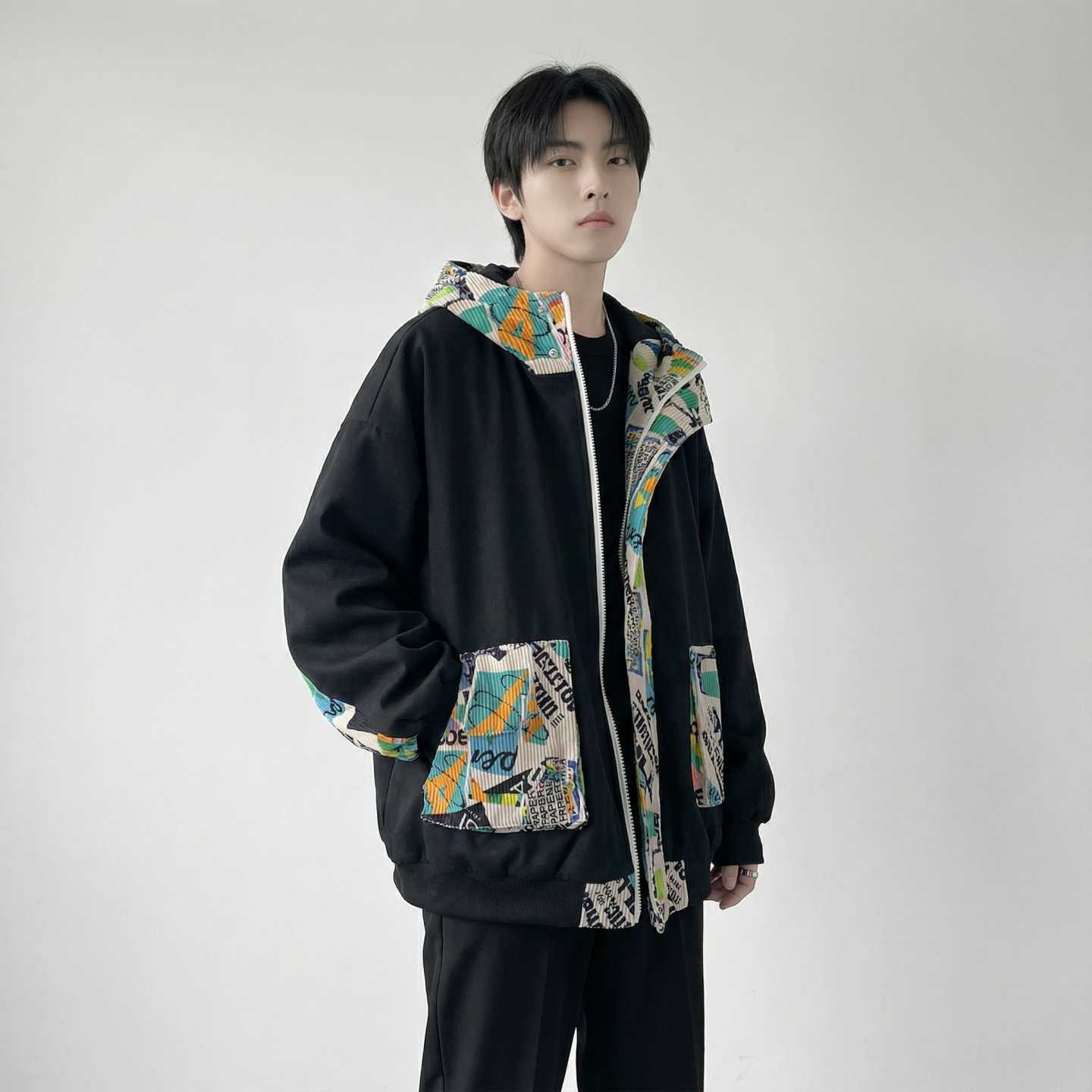 现货春款潮流涂鸦拼接夹克开衫连帽外套WT23-P75控96,男装夹克,星座1017