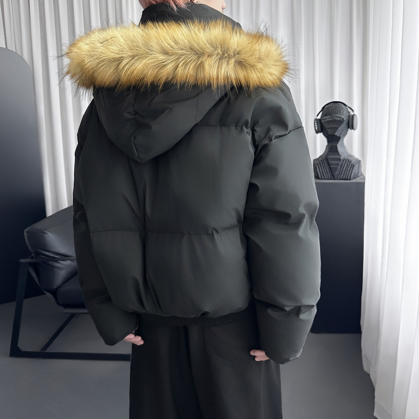 座山雕毛领pu皮派克棉服冬季短款质感连帽加厚外套M8037-P148,男装皮衣,星座1017