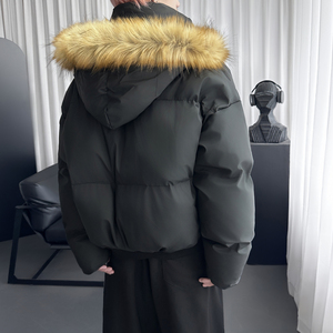 座山雕毛领pu皮派克棉服冬季短款质感连帽加厚外套 M8037-P148图片