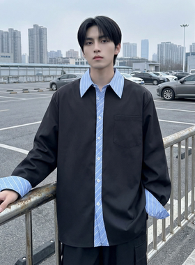 现货 高级感小众设计拼接衬衫男痞帅纯色宽松潮流衬衣 S1858-P68