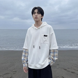 现货春季连帽卫衣男潮牌ins假两件拼接格子慵懒风W8212-P68，男装卫衣，星座1017