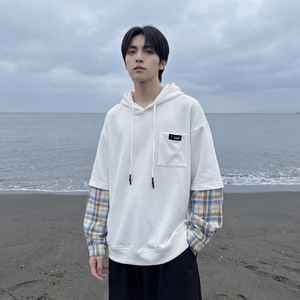 现货 春季连帽卫衣男潮牌ins假两件拼接格子慵懒风 W8212-P68，男装卫衣，星座1017