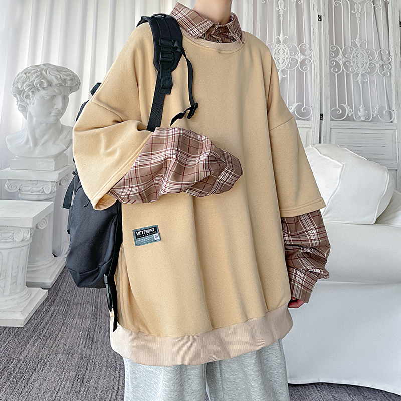 2025假两件卫衣衬衫领复古vibe格子美式外套N5613-P65，男装衬衫，星座1017