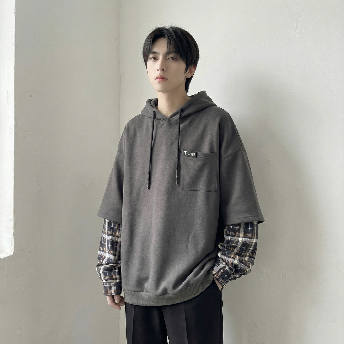 现货春季连帽卫衣男潮牌ins假两件拼接格子慵懒风W8212-P68，男装卫衣，星座1017