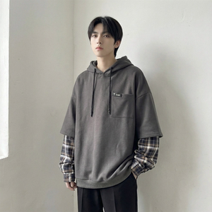 现货 春季连帽卫衣男潮牌ins假两件拼接格子慵懒风 W8212-P68,男装卫衣,星座1017