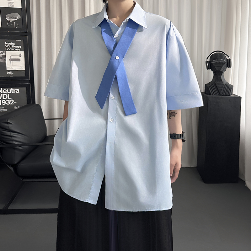 现货衬衫交叉领带可拆卸袖子纯色休闲设计感衬衣春夏S1537-P48，商品下架区商品下架区，星座1017