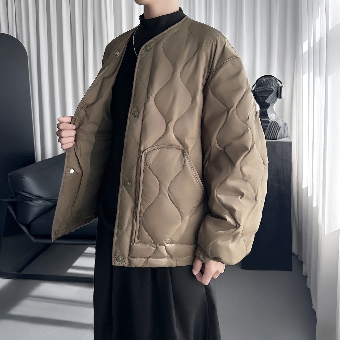 菱形格纯色无领轻薄显瘦保暖排骨棉服外套 W7127-P138