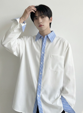 现货 高级感小众设计拼接衬衫男痞帅纯色宽松潮流衬衣 S1858-P68
