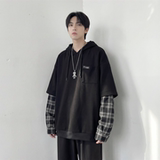 现货春季连帽卫衣男潮牌ins假两件拼接格子慵懒风W8212-P68，男装卫衣，星座1017