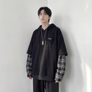 现货 春季连帽卫衣男潮牌ins假两件拼接格子慵懒风 W8212-P68图片