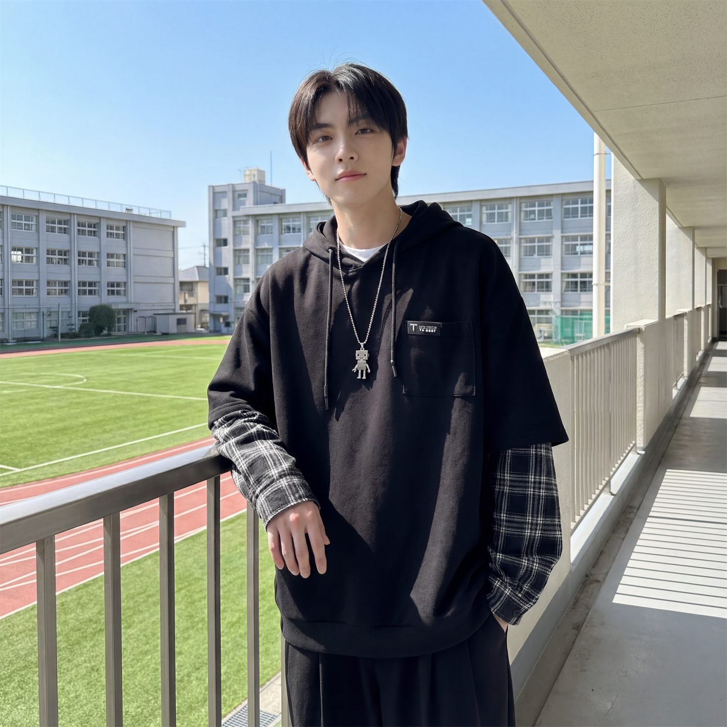 现货春季连帽卫衣男潮牌ins假两件拼接格子慵懒风W8212-P68，男装卫衣，星座1017