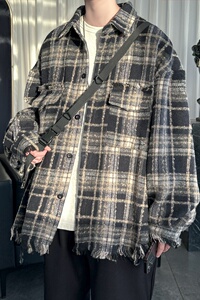 现货复古美式格子宽松毛边长袖衬衫 DS245-P58图片