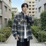 现货2026春复古美式格子长袖衬衫毛边宽松衬衣SC245-P58，男装衬衫，星座1017