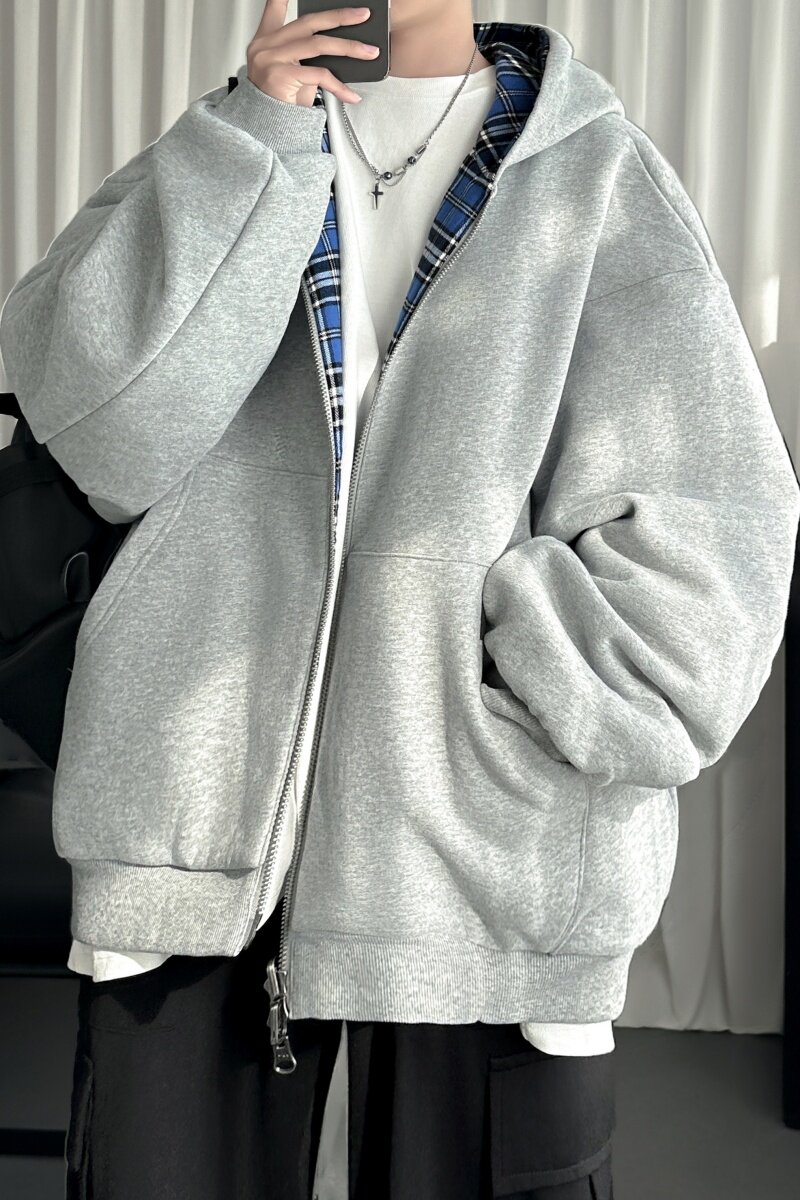 2025春款蓝格纹双面穿拉链卫衣帽衫男女情侣外套R032-P88,男装卫衣,星座1017