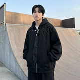 现货烫钻可拆卸领带设计连帽卫衣重磅细闪宽松慵懒外套W2056-P89，女装短外套，星座1017