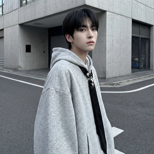 现货小众烫钻可拆卸领带设计连帽卫衣重磅宽松慵懒外套 W2056-P89，女装短外套，星座1017