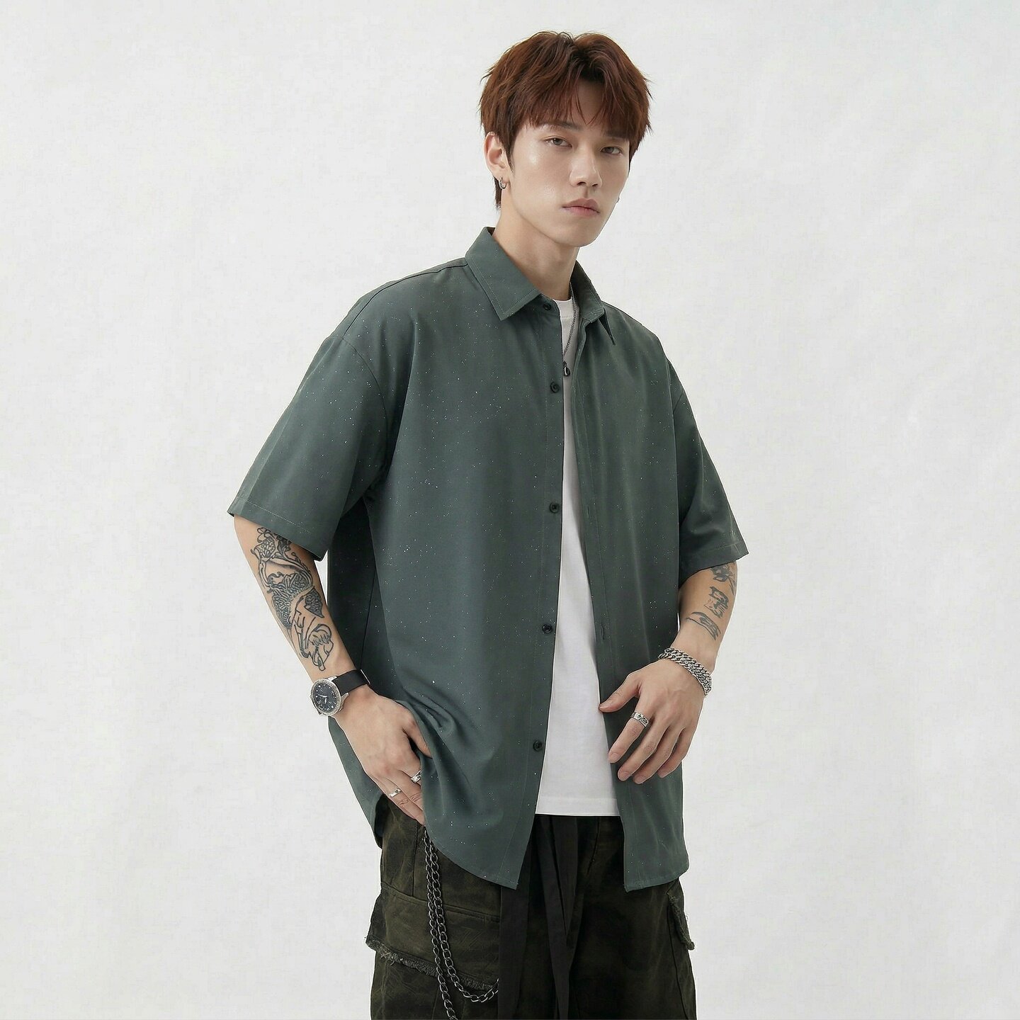 现货短袖休闲衬衫男痞帅七分袖衬衣bf港风 CS2609-P38