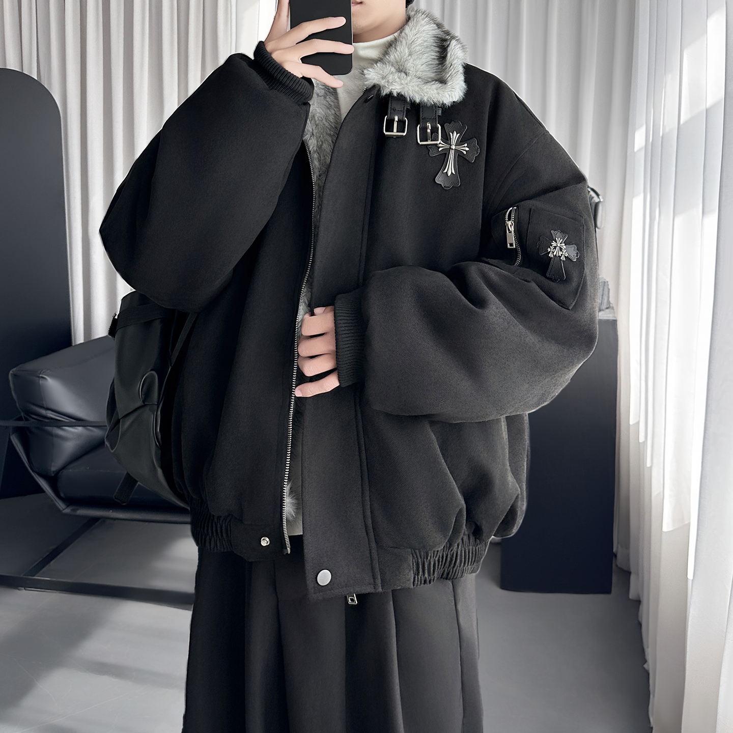 复古美拉德肌理感外套冬季宽松十字架贴皮刺绣棉服M6025-P148，男装棉衣，星座1017