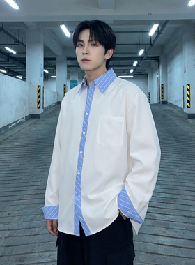 现货 高级感小众设计拼接衬衫男痞帅纯色宽松潮流衬衣 S1858-P68