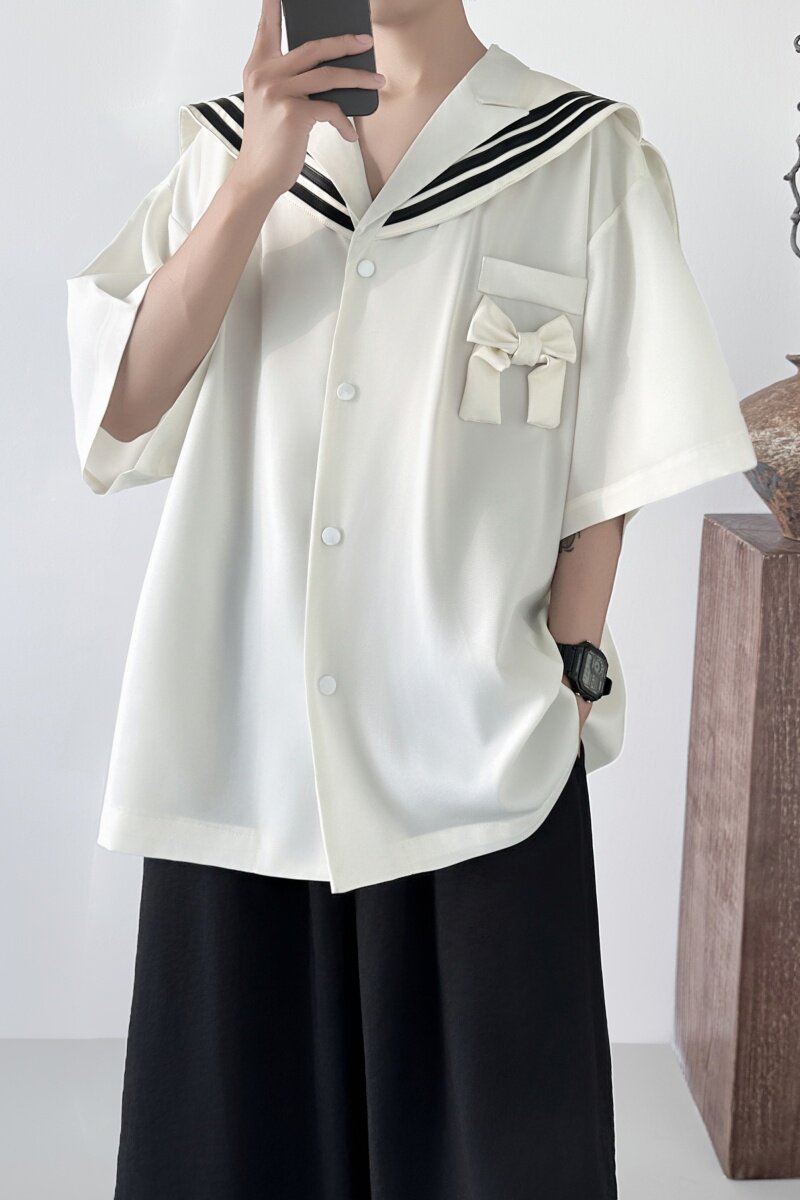 现货水手服DK学院风衬衫复古海军领皮蝴蝶结宽松男上衣D382-P58,男装衬衫,星座1017