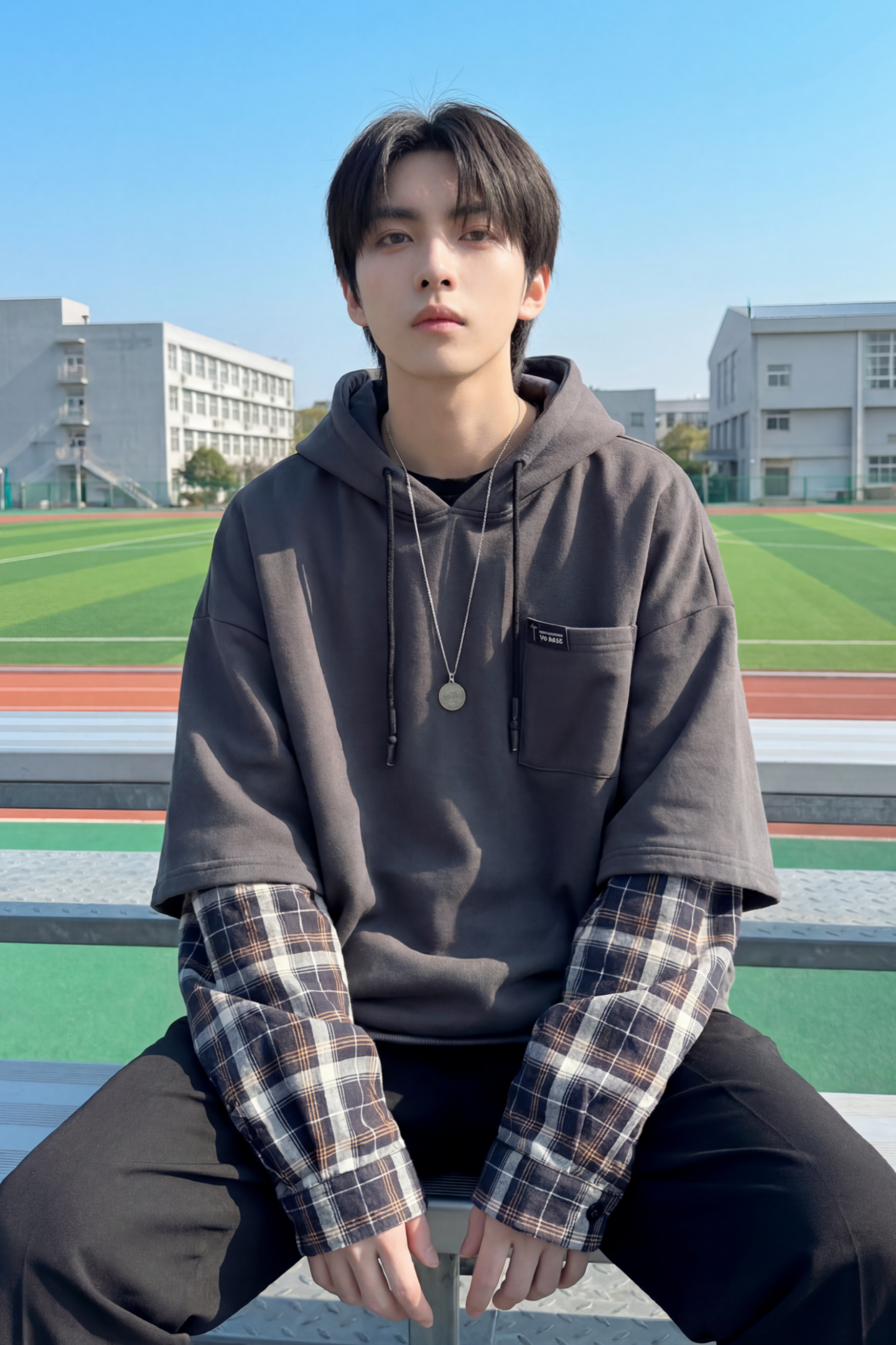 现货春季连帽卫衣男潮牌ins假两件拼接格子慵懒风W8212-P68,男装卫衣,星座1017