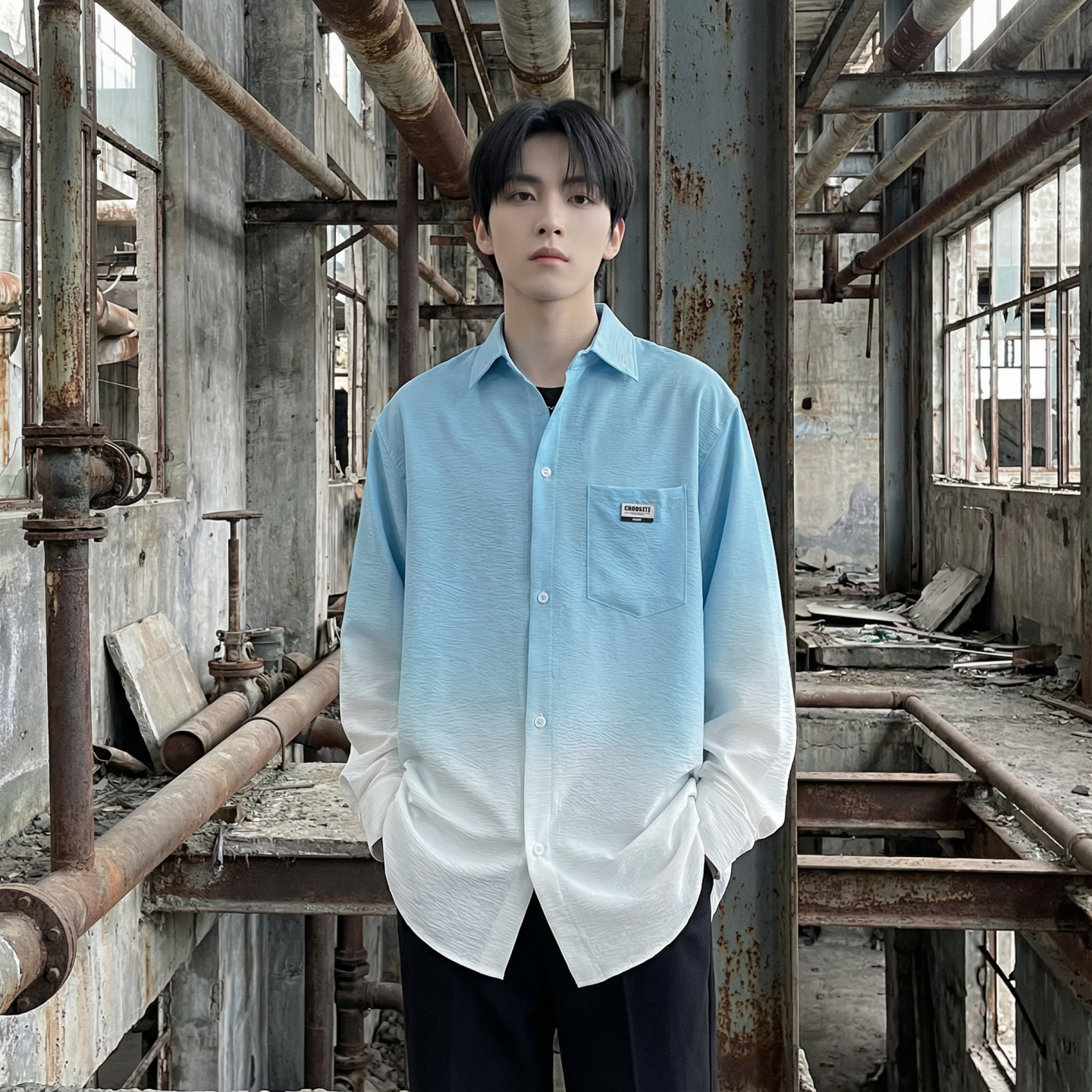 2026现货渐变长袖衬衫水洗褶皱宽松潮流休闲衬衣DS651-P58,男装衬衫,星座1017
